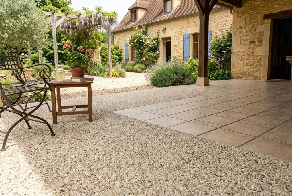 Allée et patio extérieurs avec pavage existant, entourés de végétation et d’une façade de maison en pierre; surface mixte : moquette de pierre sur carrelage près du coin repas.