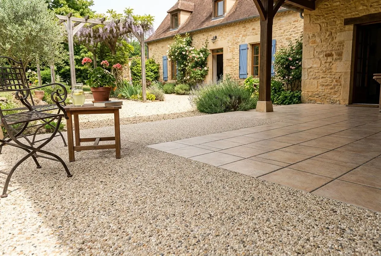 Allée et patio extérieurs avec pavage existant, entourés de végétation et d’une façade de maison en pierre; surface mixte : moquette de pierre sur carrelage près du coin repas.