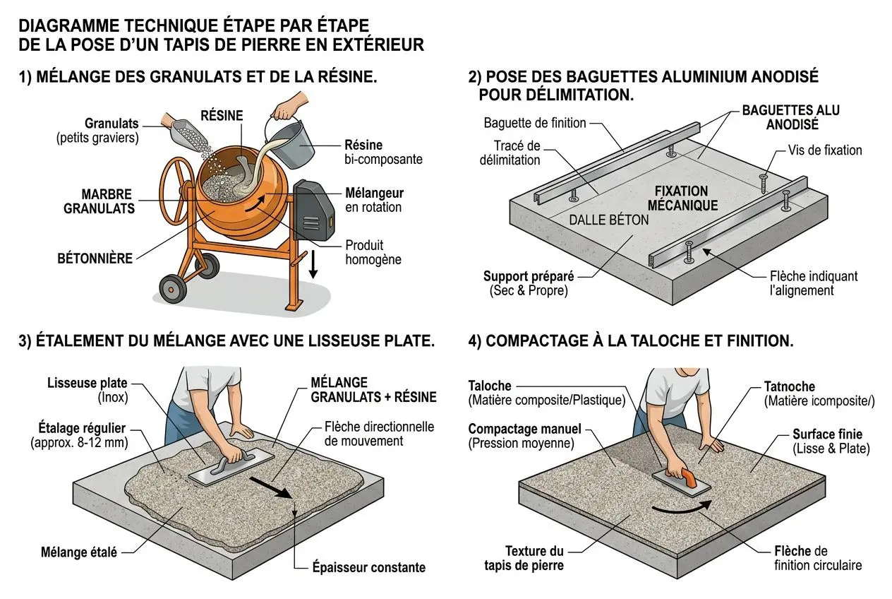 Comment poser tapis de pierre : étape par étape, mélange, mise en œuvre et finition de la moquette de pierre.