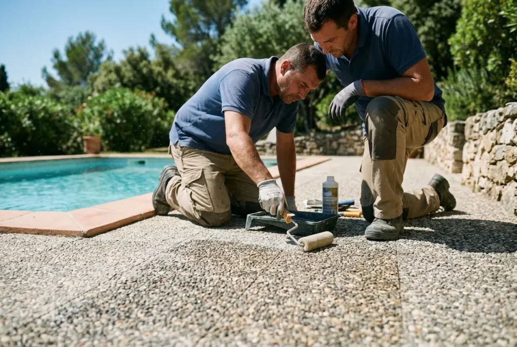 Deux ouvriers rénovent une terrasse autour d’une piscine, utilisant un rouleau et outils pour poser ou entretenir un tapis de pierre, dans un cadre extérieur. Comment entretenir un tapis de pierre.