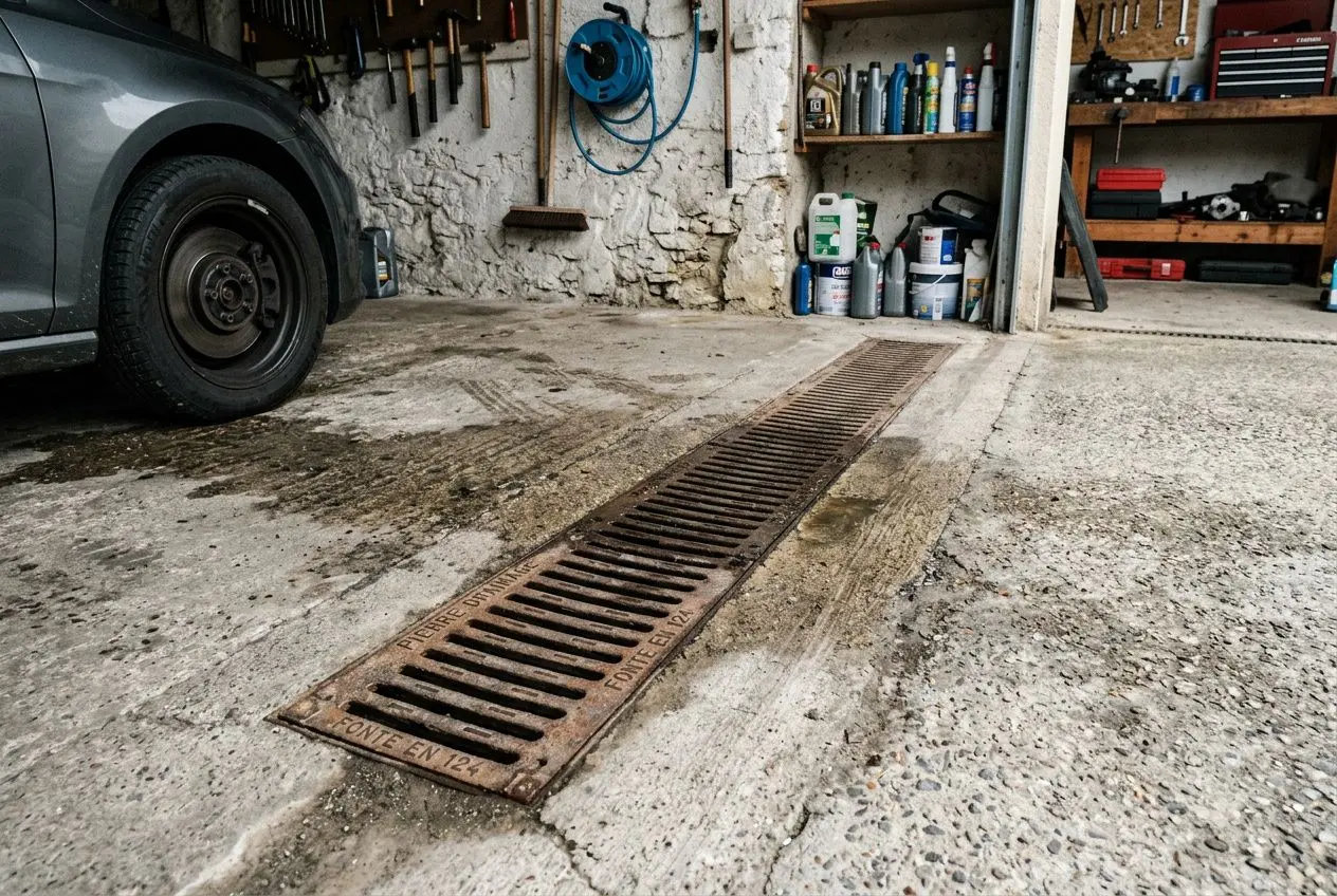 Drainage métallique linéaire au sol du garage, carrelé et bordé d’outils; véhicule stationné à gauche, murs et étagères avec liquides en arrière-plan. tapis de pierre garage avantages? intégration du mot-clé naturelle: "tapis de pierre garage avantages" must include. Create alt text: "Drainage linéaire en métal dans un garage, sol brut et murs chargés; prêt à parler des tapis de pierre garage avantages." But must be natural. We'll craft: "Drainage linéaire dans un garage avec véhicule, démontrant les tapis de pierre garage avantages: résistant, drainant et antidérapant." But avoid marketing. It should describe what is visible; include keyword integrated. Let's produce: "Drainage linéaire en métal dans un garage, voiture à gauche et outils au mur; démontrant les tapis de pierre garage avantages." 118 chars approx. Drainage linéaire en métal dans un garage, voiture à gauche et outils au mur; démonstration des tapis de pierre garage avantages.