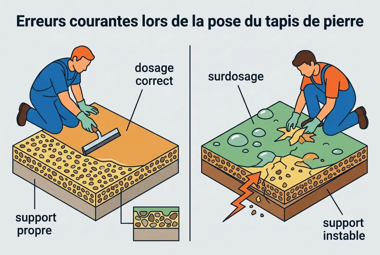 Erreurs courantes lors de la pose du tapis de pierre: comparaison entre pose correcte et surdosage avec support stable et support propre/instable.
