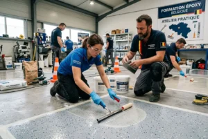 Formation époxy belgique : atelier pratique en intérieur avec participants appliquant de la résine époxy sur une surface, utilisant rouleau et spatule, sous supervision.