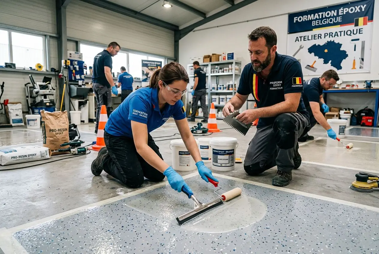 Formation époxy belgique : atelier pratique en intérieur avec participants appliquant de la résine époxy sur une surface, utilisant rouleau et spatule, sous supervision.