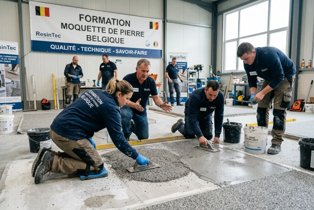 Formation moquette de pierre Belgique: groupe en atelier applique une résine époxy et pose des granulats sur un plan de travail.