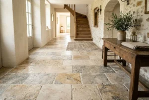 Hall spacieux au sol composé de carreaux en pierre naturelle aux teintes chaudes; ambiance rustique avec table en bois et escalier en bois. meilleur revêtement de sol carrelage ou pierre