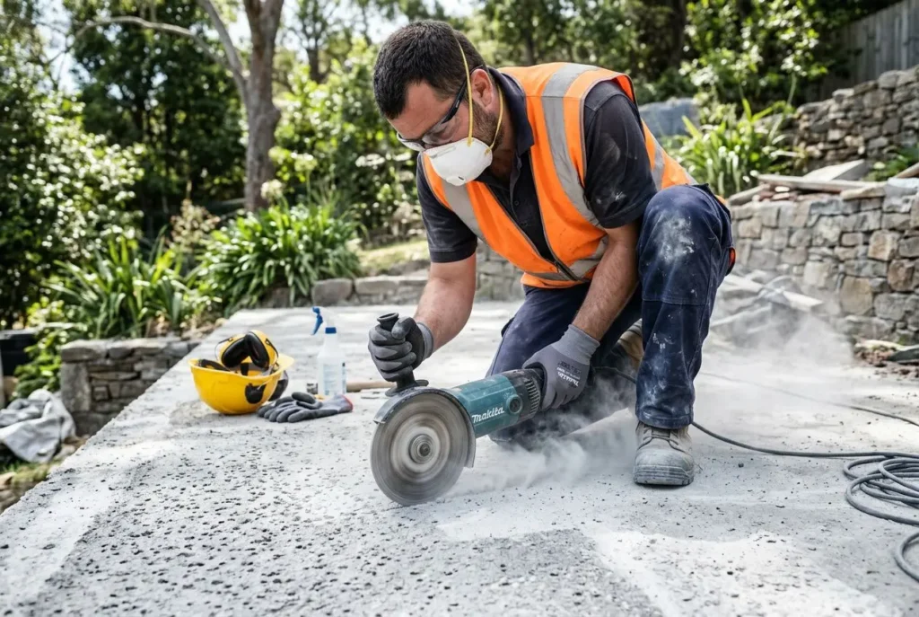 Homme artisan en protection respiratoire et gilet orange, utilisant une meuleuse pour tailler une dalle sur une terrasse extérieure en pierre. nom integré: « comment poser tapis de pierre » naturelle.
