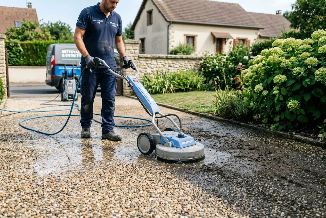 Person utilisant une machine de nettoyage sur un tapis de pierre extérieur, entouré de jardin et de maisons. intégrant naturellement le mot-clé: comment entretenir un tapis de pierre.
