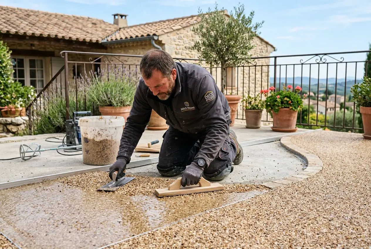 Pose moquette de pierre sur carrelage: artisan poseant et nivelant une dalle de pierre décorative sur un sol extérieur, outils à portée de main.