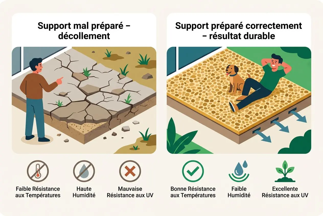 Pose moquette de pierre extérieur : image montrant deux résumés d’installation; à gauche support mal préparé avec fissures et décollement, à droite support correctement préparé sur lequel on pose la moquette de pierre.
