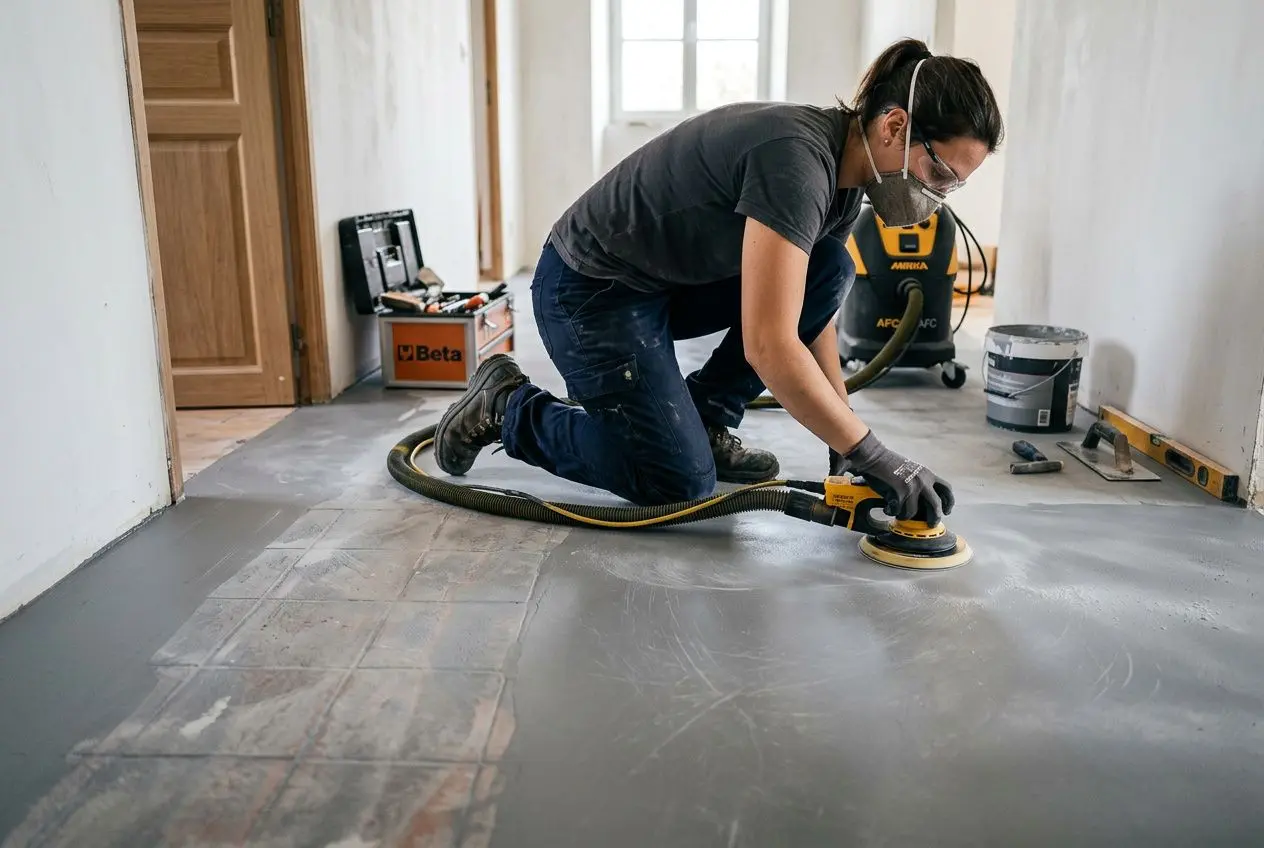 Préparateur utilisant une ponceuse à surface sur un sol existant, posé sur une moquette de pierre sur carrelage, en intérieur.