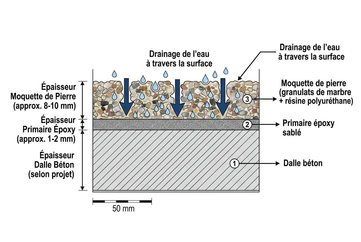 Schéma montrant la pose d’une moquette de pierre extérieure sur dalle béton avec gravats, résine et drains, épaisseur totale et couches.