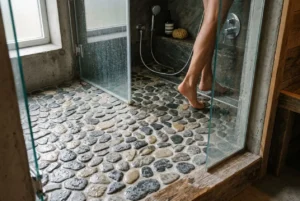 Sol de douche en galets plats, avec personne pieds nus près d’une porte vitrée et douche à l’italienne. Douche tapis de pierre visible.