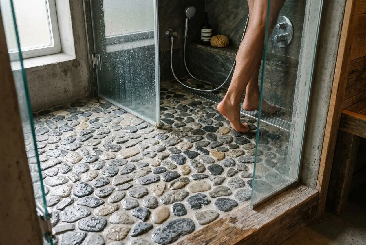 Sol de douche en galets plats, avec personne pieds nus près d’une porte vitrée et douche à l’italienne. Douche tapis de pierre visible.