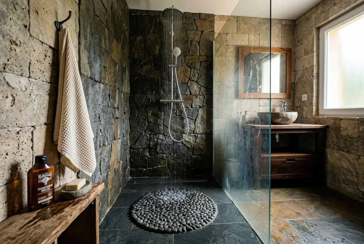 Tapis de pierre rond dans une douche à eau chaude, pierre naturelle au sol, paroi en verre et lavabo en bois, ambiance spa. Douche tapis de pierre.