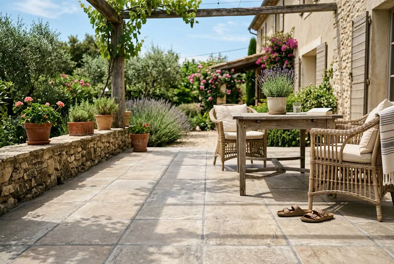 Terrasse extérieure en carrelage clair avec mobilier en rotin et plantes en pots, ambiance chaleureuse et naturelle. meilleur revêtement de sol carrelage ou pierre