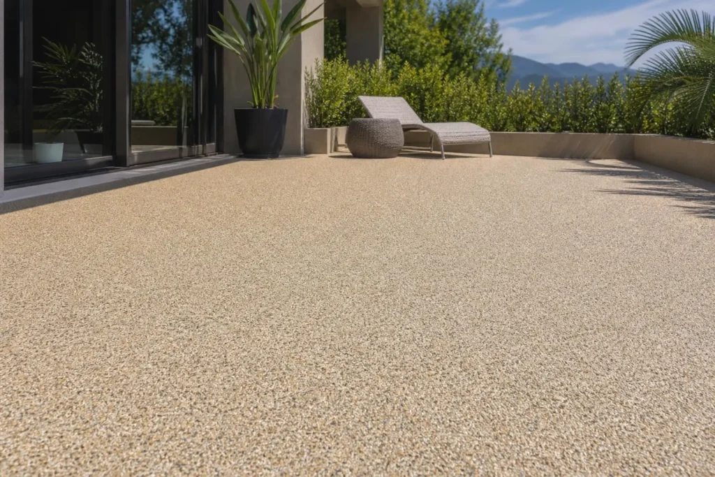 Terrasse extérieure en tapis de pierre clair, près d’un mur vitré, fauteuils de relaxation et plantes, ambiance estivale. avantages et inconvénients du tapis de pierre.