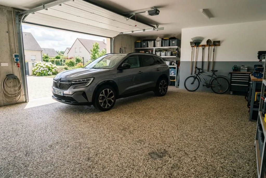 Voiture SUV garée dans un garage propre avec sol en tapis de pierre gris clair, rangement mural et vélo près des étagères. Avantages du tapis de pierre garage.