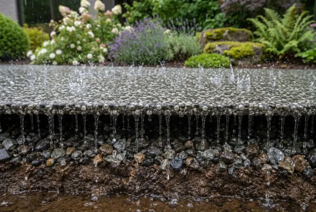 Bordure de terrasse avec surface lisse, gouttelettes d’eau ruisselant sur un côté en verre ou en résine, entourée de pierres et de plantes fleuries au fond. resine terrasse est pertinent.
