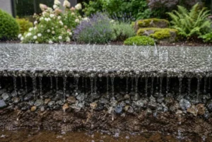 Bordure de terrasse avec surface lisse, gouttelettes d’eau ruisselant sur un côté en verre ou en résine, entourée de pierres et de plantes fleuries au fond. resine terrasse est pertinent.