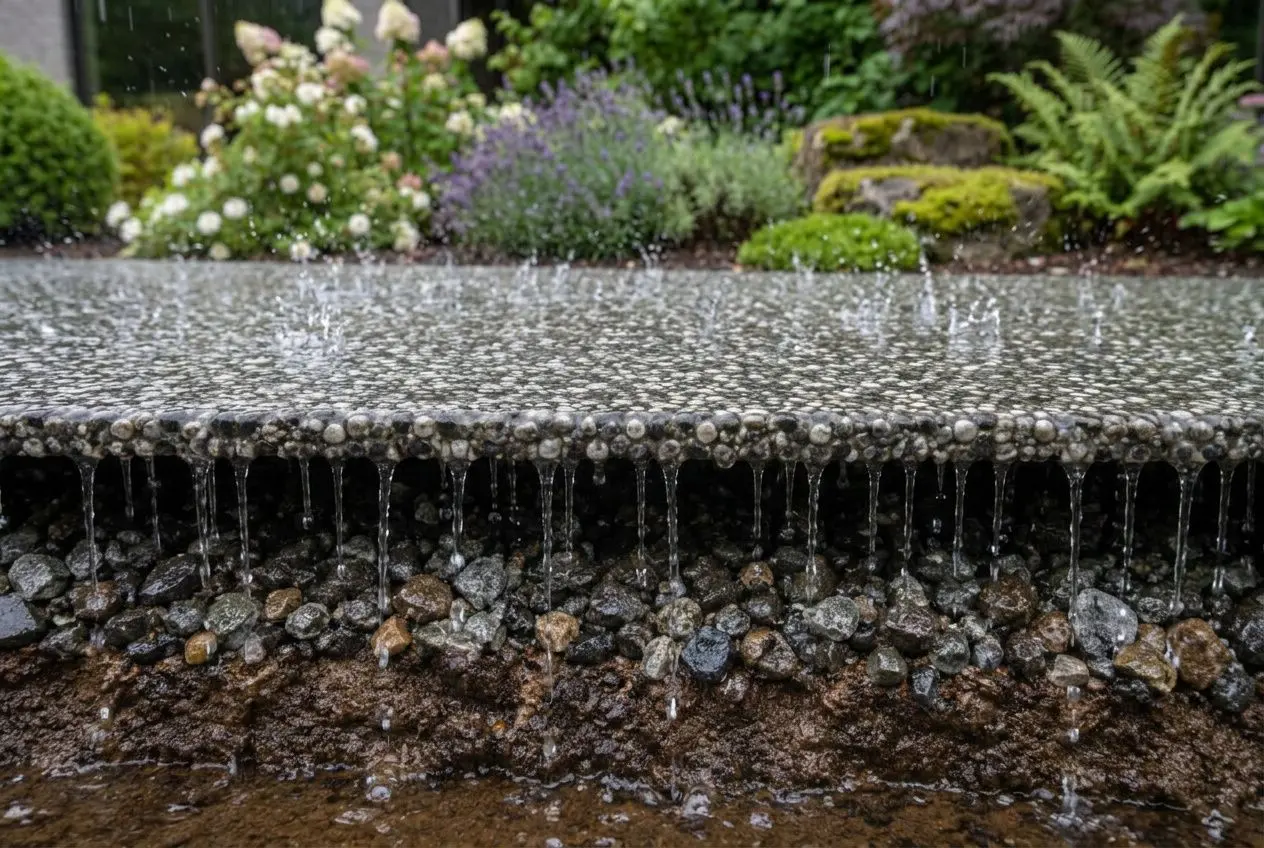 Bordure de terrasse avec surface lisse, gouttelettes d’eau ruisselant sur un côté en verre ou en résine, entourée de pierres et de plantes fleuries au fond. resine terrasse est pertinent.