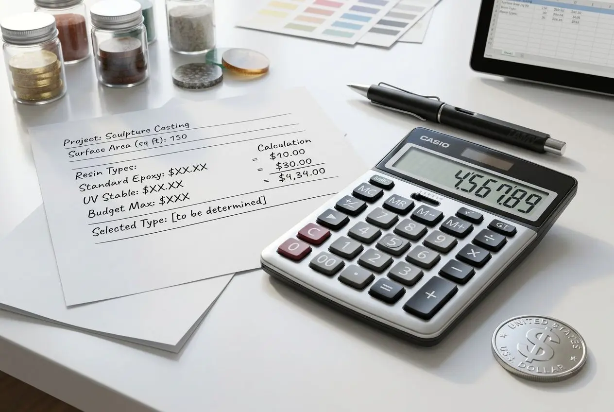 Calculatrice Casio et documents de coût pour une époxy décoratif résine époxy polyuréthane, avec échantillons et pièces métalliques.