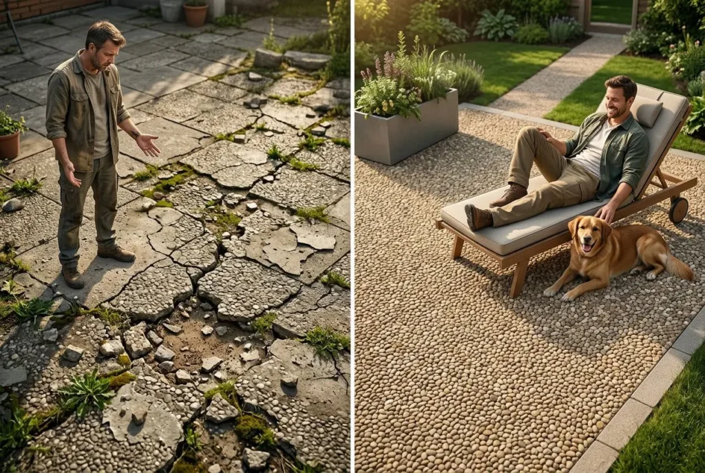 Deux scènes comparant une terrasse en moquette de pierre: à gauche, pierre fissurée et mousse, homme perplexe; à droite, surface lisse et uniforme avec homme relax sur chaise longue et chien, sous un soleil. comment vieillit la moquette de pierre.