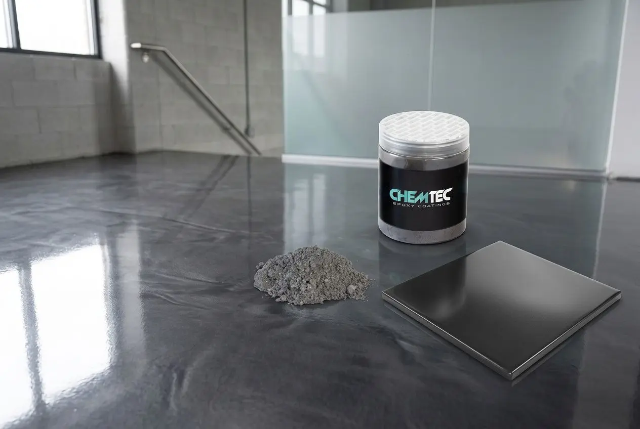 Échantillon de résine époxy décoratif résine époxy polyuréthane : poudre, pot et livret sur un sol miroir gris dans une pièce.