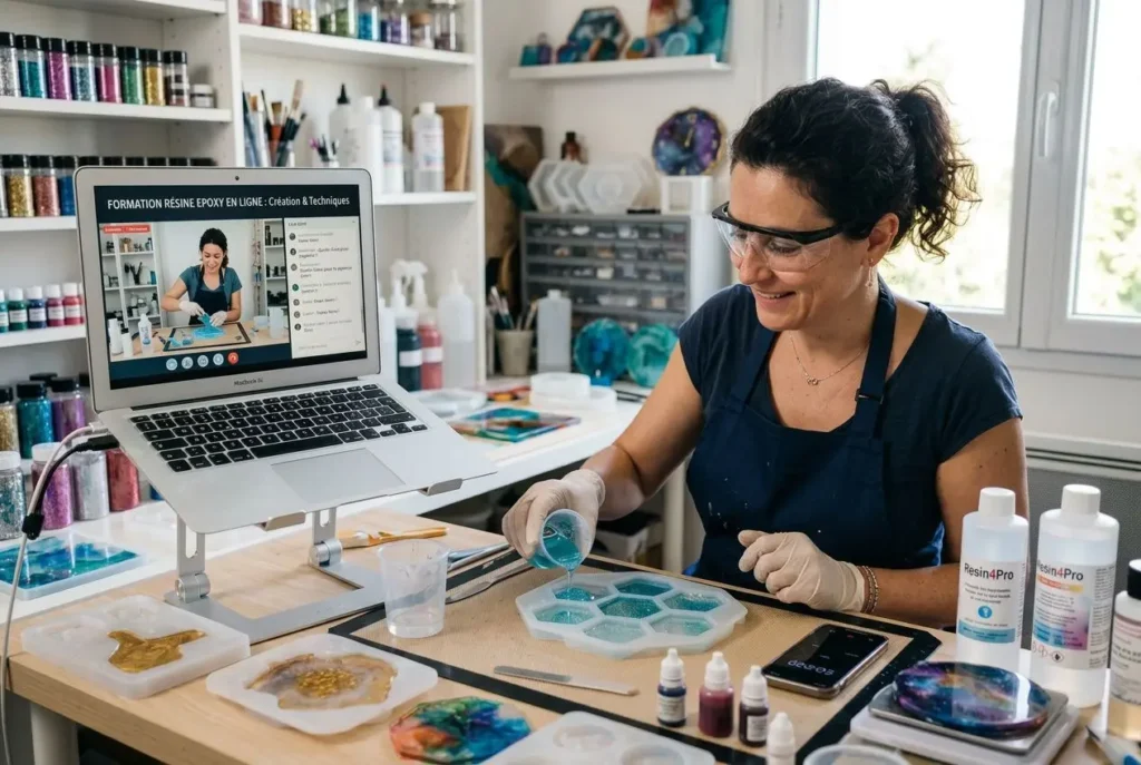 Formation résine époxy en ligne : femme en atelier regardant un cours sur ordinateur, kits et pigments époxy autour.