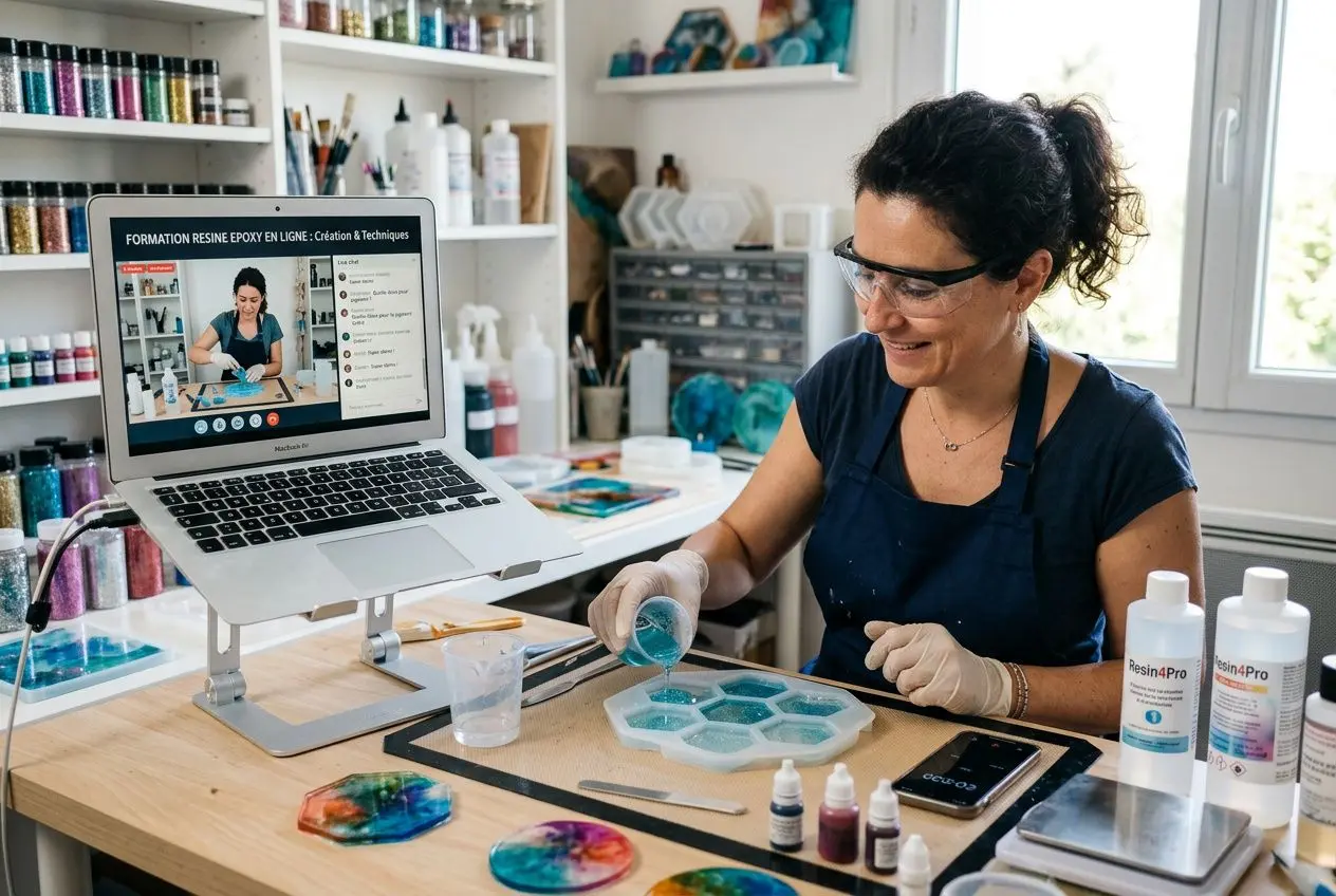 Formation résine époxy en ligne : femme en atelier regardant un cours sur ordinateur, outils et pigments disponibles.