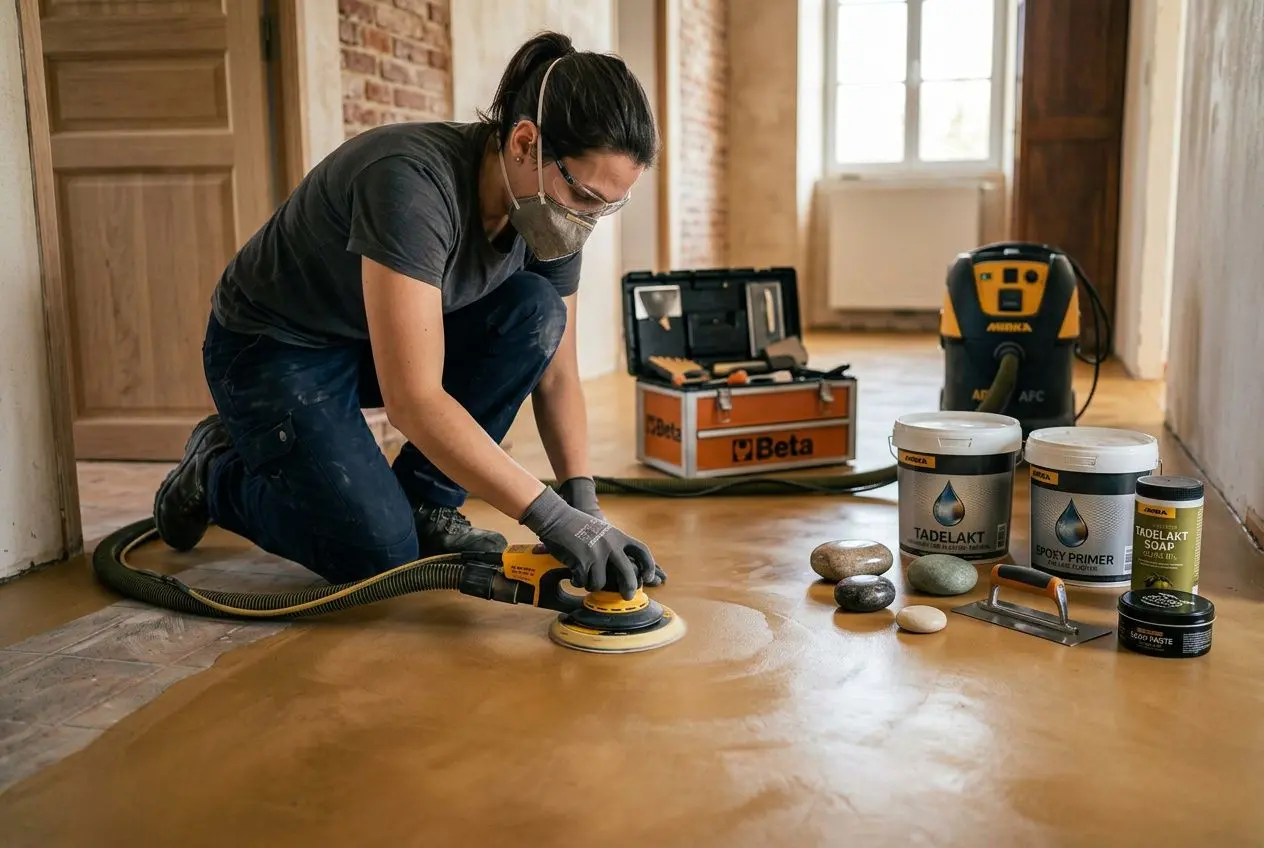 Formation tadelakt Belgique : artisan polissant un sol en chaux avec ponceuse, outils et produits Tadellakt à proximité.