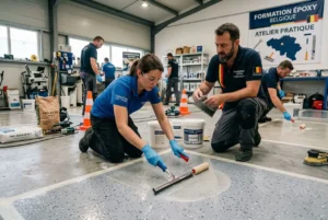 Formation tapis de pierre liège: deux stagiaires appliquant de la résine époxy sur une dalle, atelier pratique en Liège, outils et matériel autour.