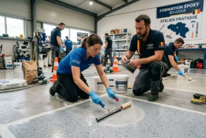 Formation tapis de pierre liège : stagiaires appliquant epoxy sur plancher en atelier, apprentissage pratique.