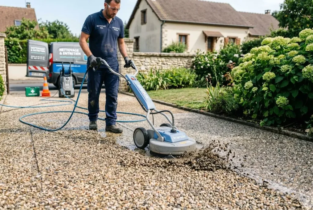 Homme en tenue professionnelle utilisant une ponceuse pour enlever une moquette de pierre sur une allée, outils et matériel visibles à l’arrière. Environnement résidentiel. enlever moquette de pierre
