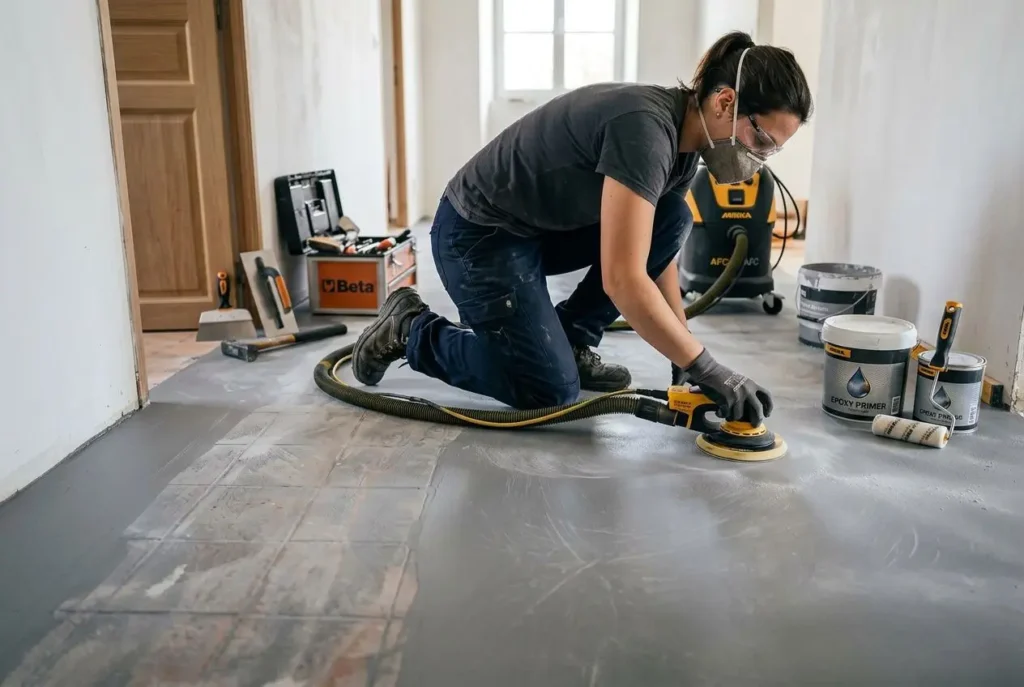 Personne posant ou polissant un sol en résine, avec outils et pots de résine époxy décoratif résine époxy polyuréthane visibles dans l’atelier.