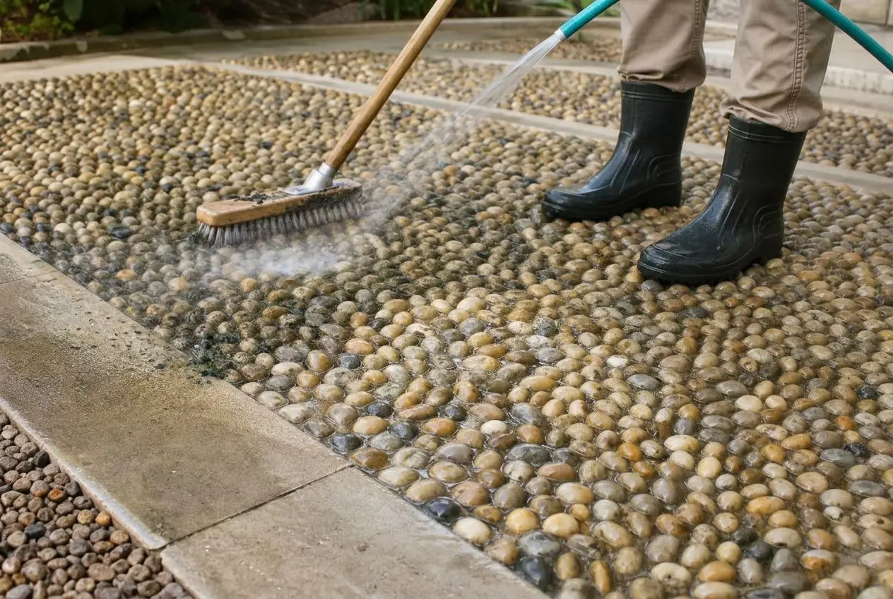 Sols en moquette de pierre lavés à la brosse et jet d’eau; bottes noires et gants d’entretien visibles sur pavés ronds.